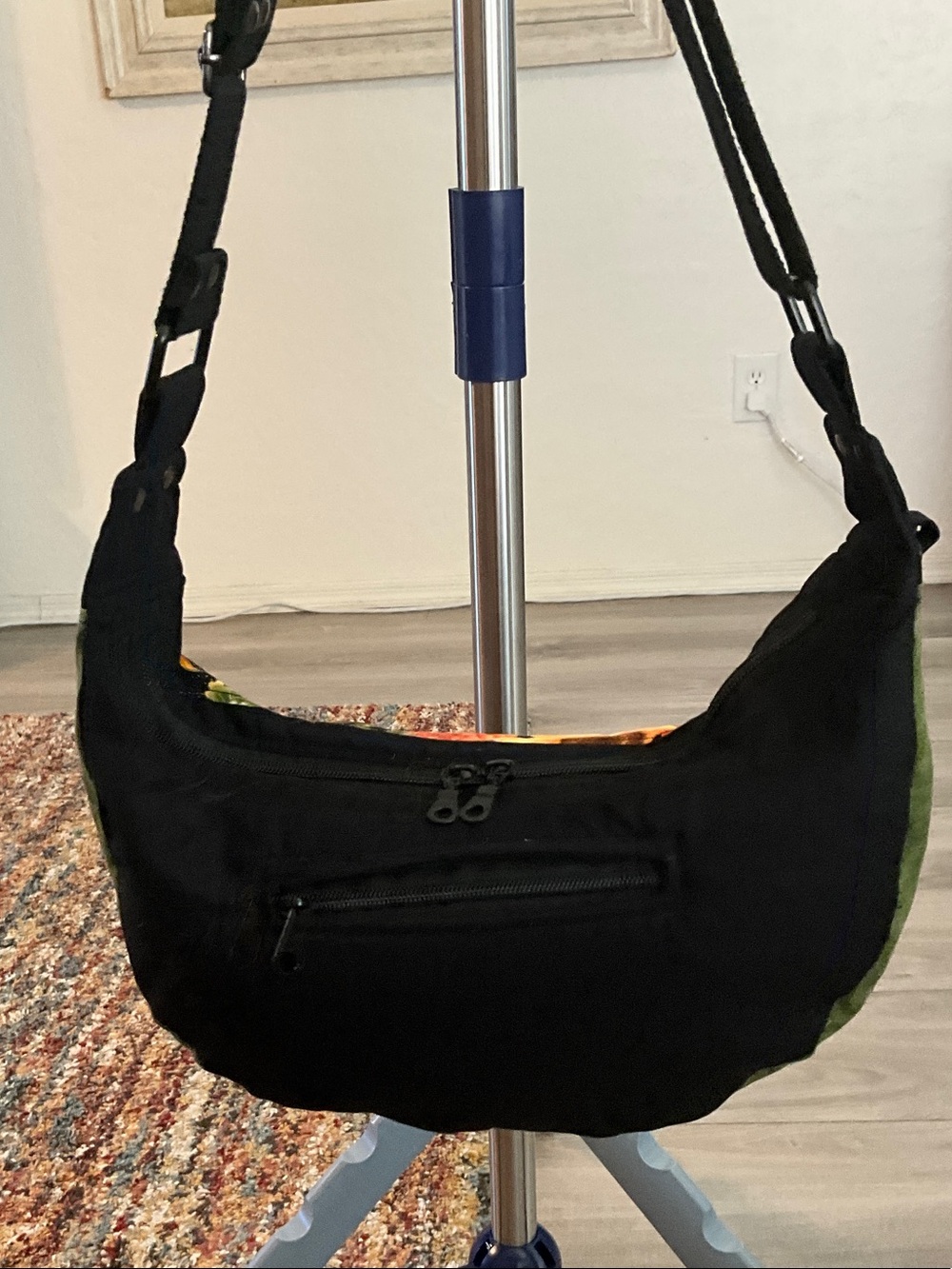 Floral Crescent Shoulder Bag in Black, Red and Green Accents - Picture 2 of 4